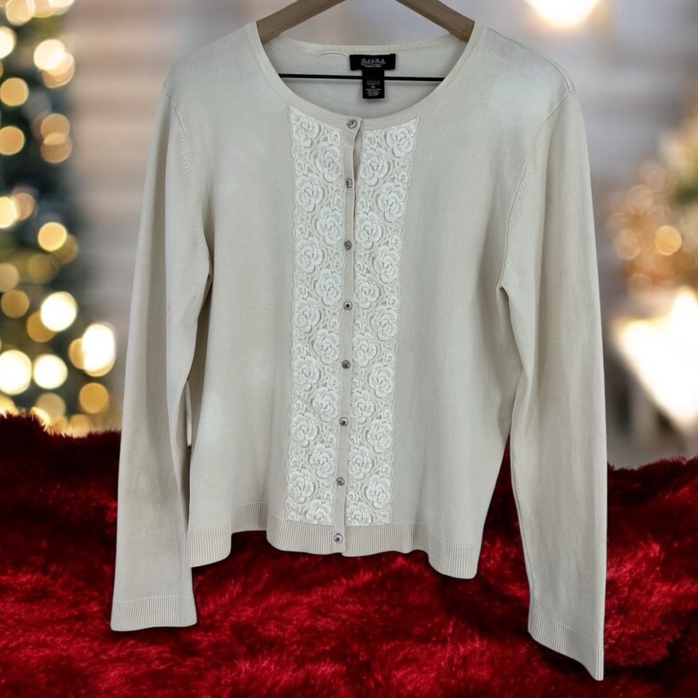 PECK & PECK Silk Blend Lace Trim & Bling Button Up Cardigan Sweater XL Cream VGC